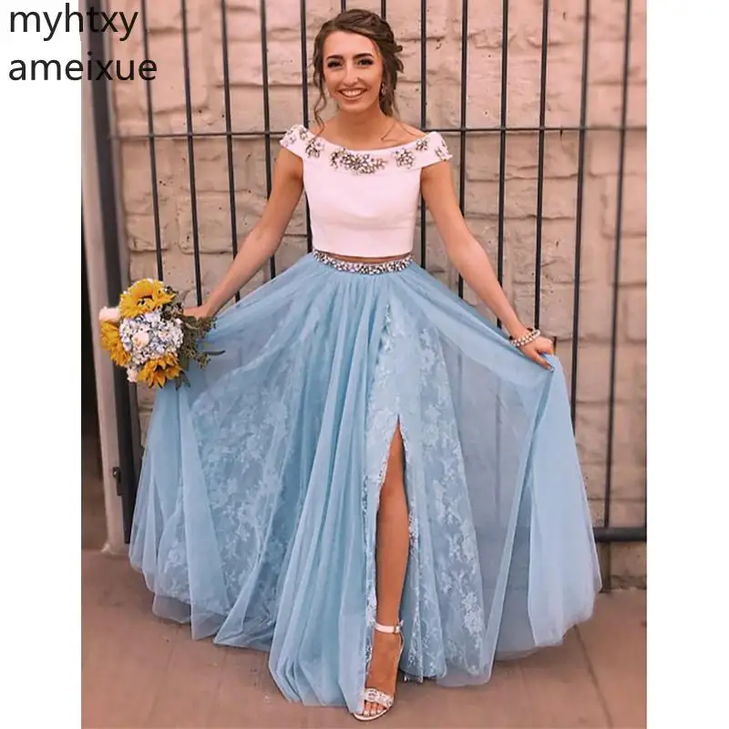 

Elegant Evening Dresses 2019 A-Line Floor Length Two Pieces Off Shoulder Side Split Evening Gowns Custom Made Plus Size Robe