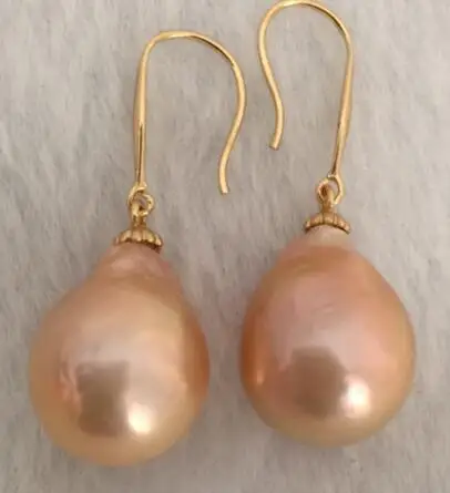 

free shipping gorgeous baroque 12-15mm south sea gold pink pearl earring 14K