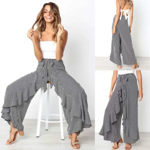 

New Elegant Bandage Wide leg Pants Women 2018 Striped Fashion High Waist with Bow Harem Pants Casual Slim Leggings Trousers