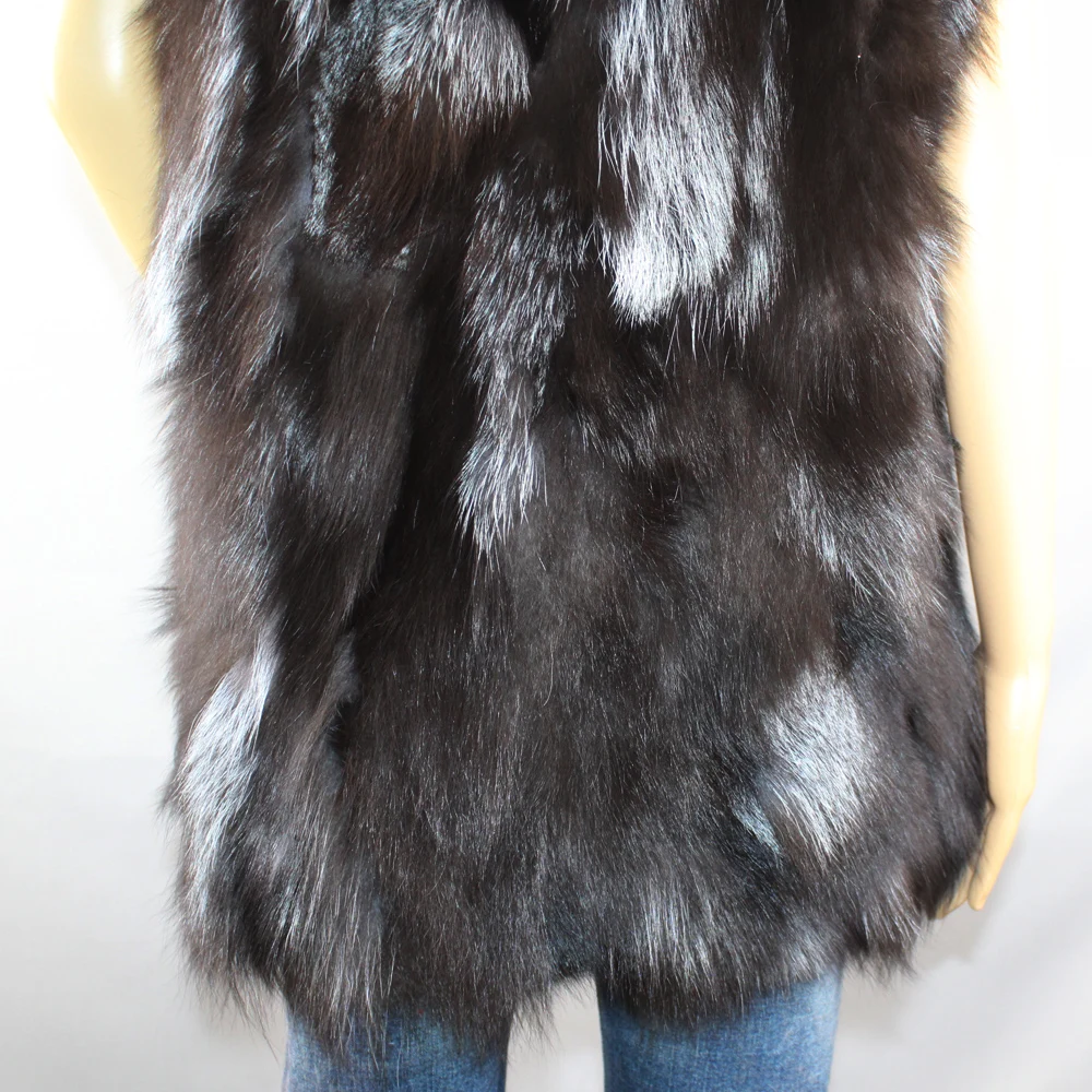 Hot Sale Women Real Fox Fur Vest Natural Real Sliver Fox Fur Long Style Warm Vest Lady Real Fox Fur Waistcoat Jacket