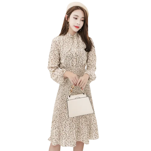

Elegant Stand Collar Floral Print Chiffon Dress Spring Elastic Slim Waist Female Bow Midi Dress 2019 Chic Vestidos