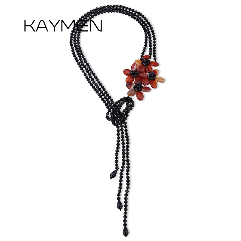 

Fashion Luxury Unique Style Crystals Beads and Natural Stone Flowers Long Chains Strands Pendant Necklace For Women Charms
