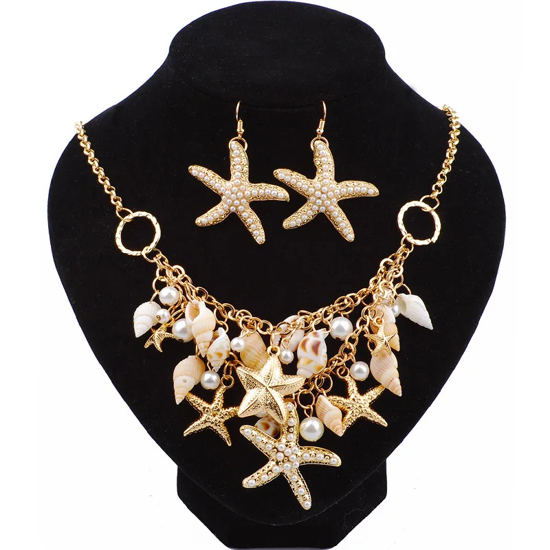 

Best Selling Starfish Jewellery sets Charms Imitation Pearl Shell Necklace earrings Boho Gold Color Bracelet Beach Jewelry Set