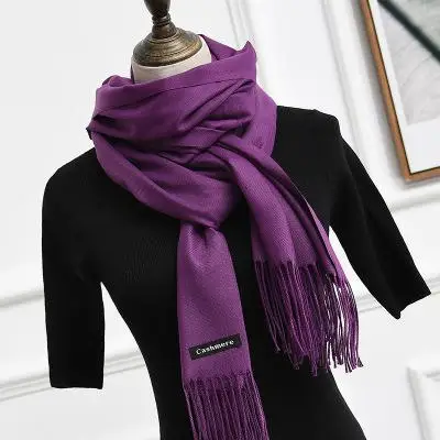 Женский шарф, сплошной цвет, тонкие кашемировые шарфы с кисточкой, длинный шарф, Женская шаль - Цвет: 7