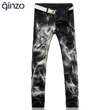 Herrenmode wolf print stretch denim jeans Dünne schwarz lackiert gerade hosen Lange hosen
