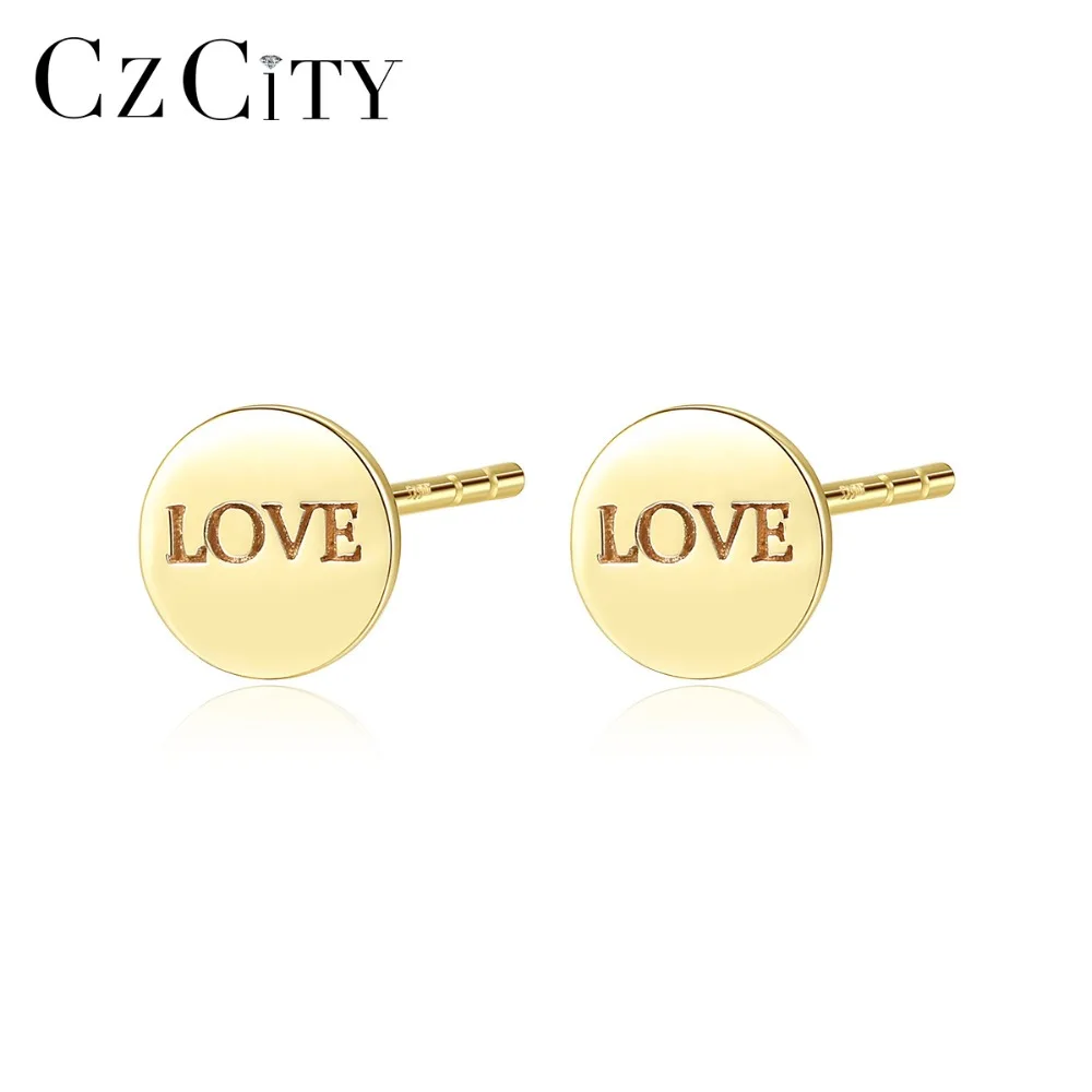 CZCITY реальные из 14 каратного золота с буквенным принтом Love круглые серьги