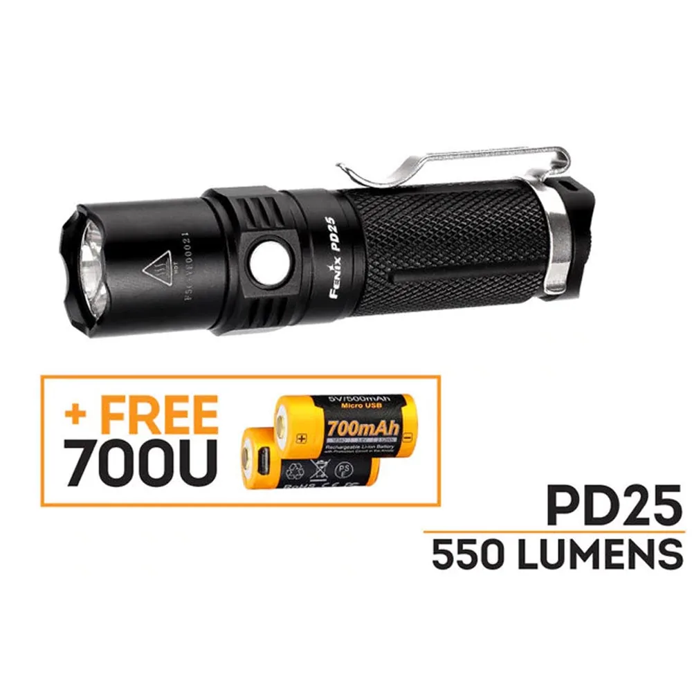 

Fenix PD25 550 Lumens CREE XP-L LED Pocket Flashlight with Fenix Rechargeable ARB-L16-700U 16340 Battery