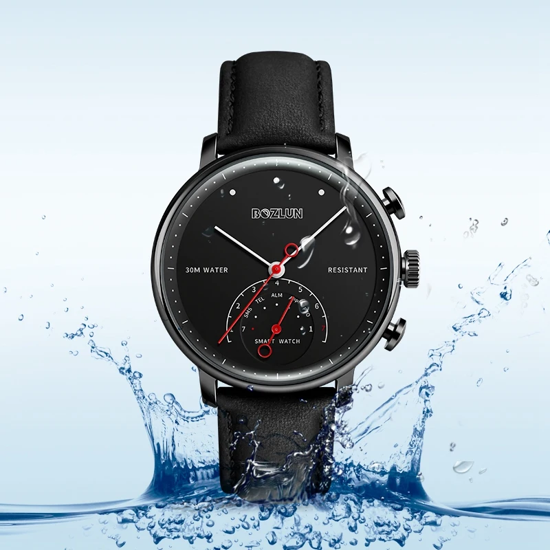 Водонепроницаемые бизнес-кварцевые Смарт-часы Bozlun с Bluetooth, мужские кожаные Смарт-часы, наручные часы, часы с напоминанием о звонках