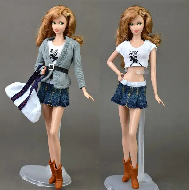 

Original Winter Wear Suit Set Grey Sweater Coat Bag Grid Skirt Boots Bag Accessories Clothes For Toy Barbie Doll Toys for Girl