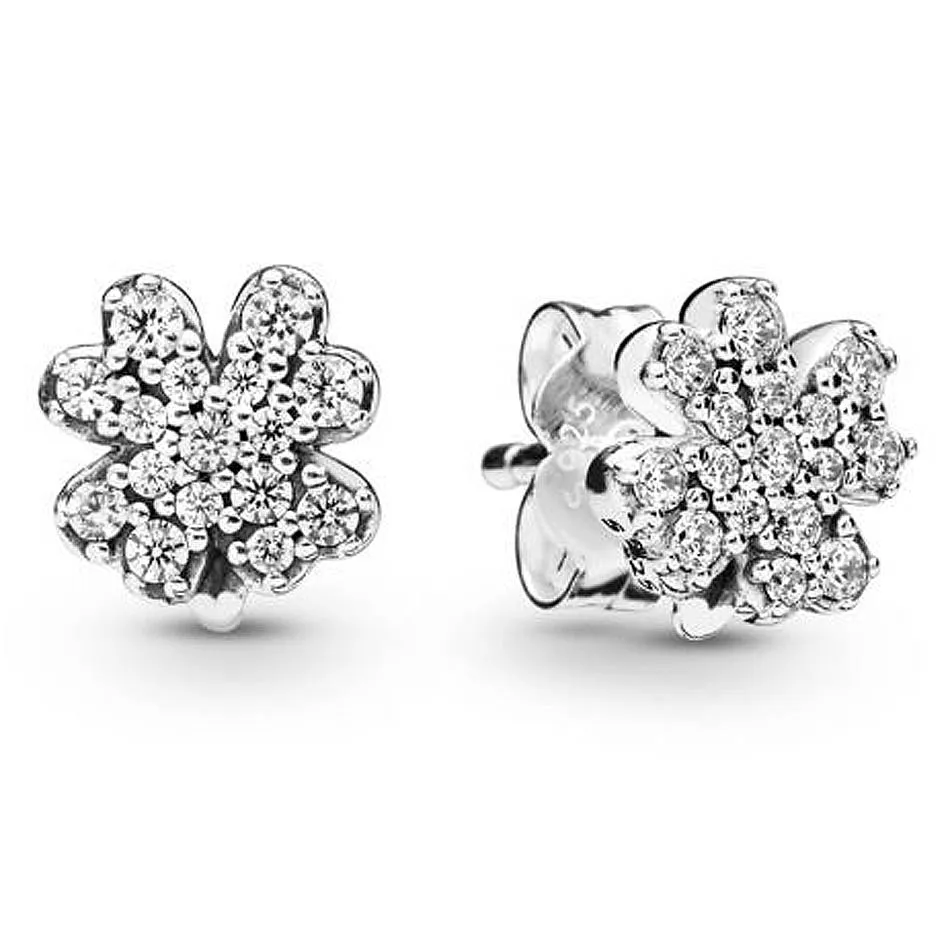 

Authentic 925 Sterling Silver Earring Radiant Lucky Four-leaf Clover Stud Earrings For Women Wedding Gift Original DIY Jewelry