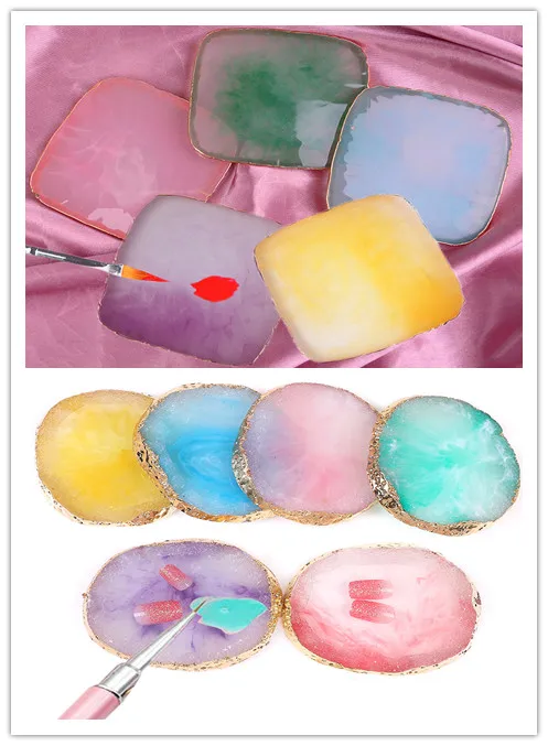 1pc Resin Nail Art Colorful Palette Dish Gold Edge Gel Polish Pigment Holder Drawing Plate Manicure Display Tools Multi Style