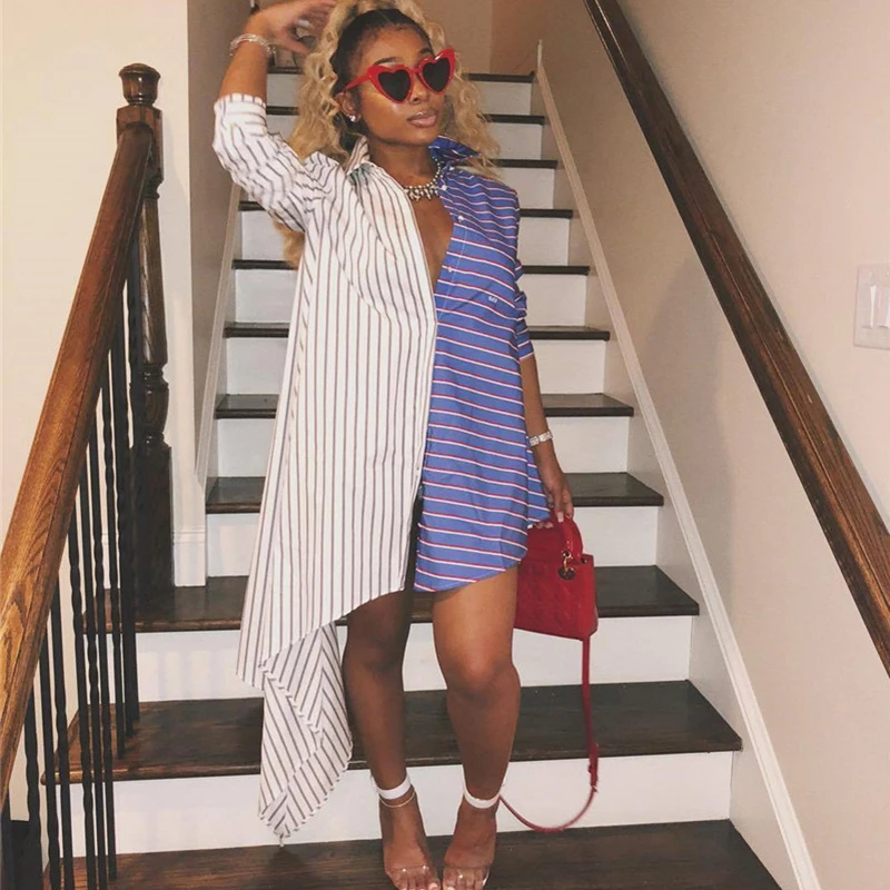 Stripe Color Patchwork Shirt Women Blouses 2018 Summer Fashion Long Tops Long Sleeve OL Streetwear Female Tee Blusas Vestidos Blouses