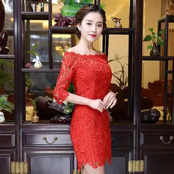 2018 зеленый Cheongsam Кружево Qipao короткие Китайская традиционная Платья для женщин Для женщин вечернее платье халат orientale Китай Костюмы