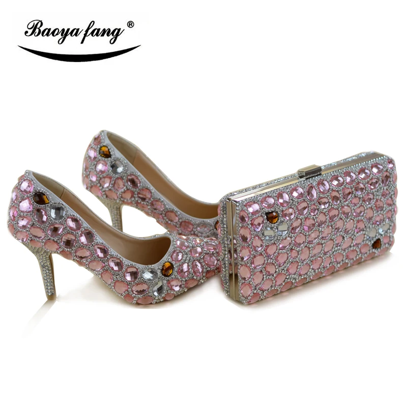 Tacón Fiesta Novia Con Pie Juego Del De Bombas Zapato Dedo Y Rosa Alto Zapatos Cristal Puntiagudo Moda A Vestido Bolsa Boda Bolsos 6nIZq