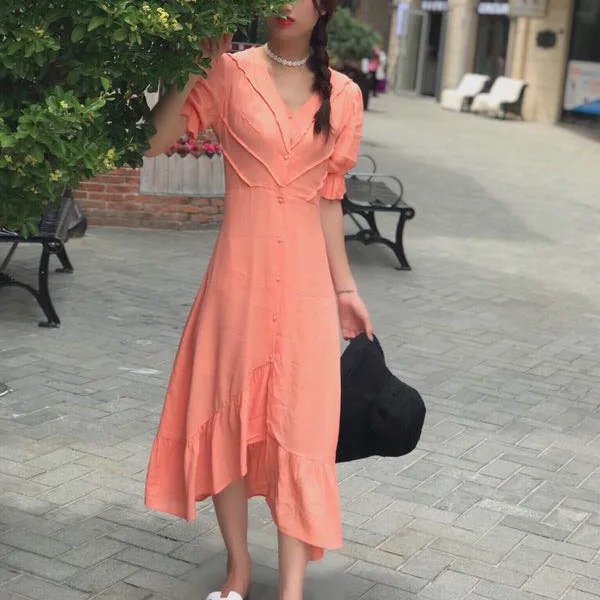 Однотонное Женское Платье макси с v-образным вырезом в стиле ампир Boho, асимметричное винтажное пляжное платье средней длины с пышными рукавами, вечерние платья