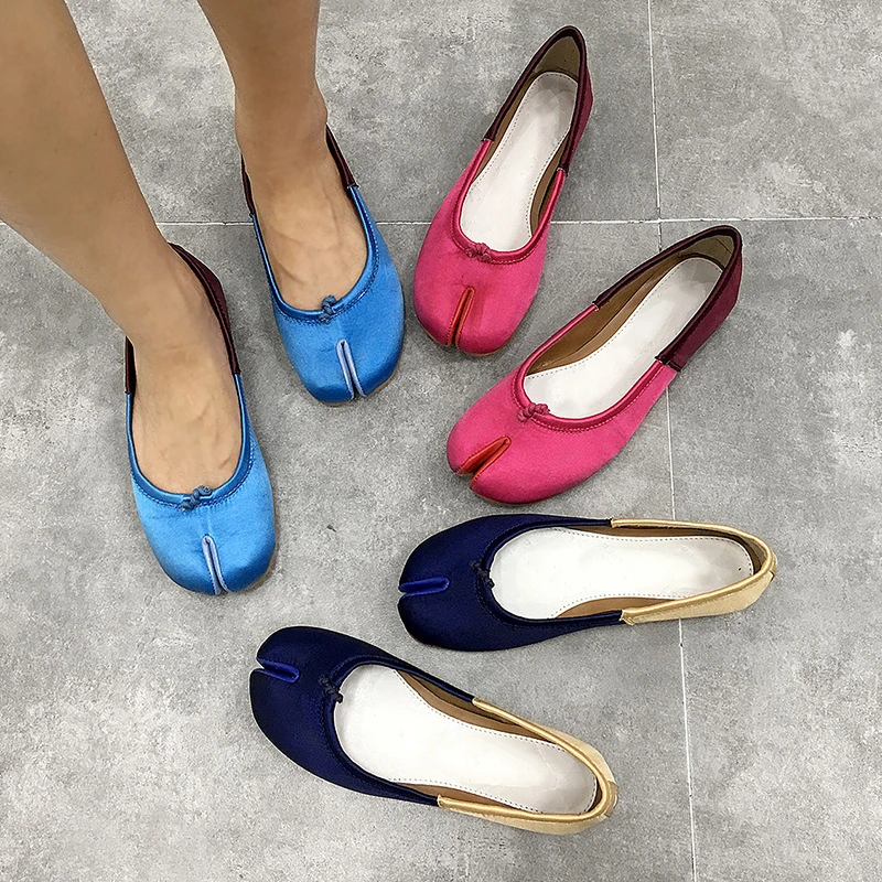 Newest Patchwork Split Toe Flat Shoes Woman Mixed Color Luxury Satin Butterfly-knot Slip On Ballet Flats Spring Women Shoes