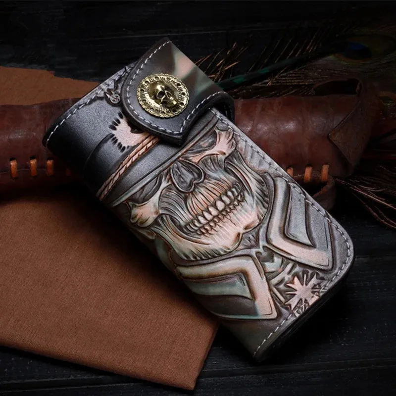 

High Artistical Value Genuine Cow Leather Men's Long Wallet Great Handcraft Skull Designer Hand Carved Male Hasp Card Wallet