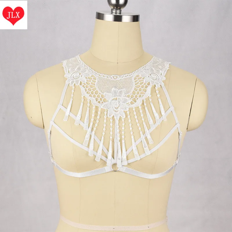 

Black/White women's Lace Harness Sexy Open Chest Cage Bra Harajuku Tassel Harness Bra Criss Cross Goth Lingerie Fetish Wear