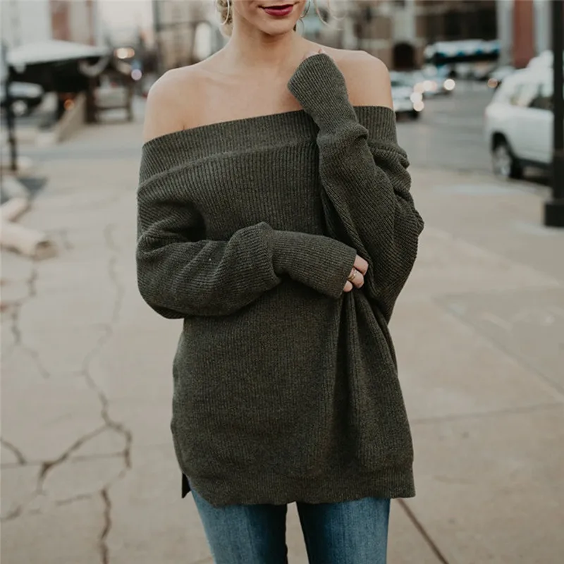 Womens Long Sleeve Pullover Off Shoulder Sweater Oversized Knitted Jumper Sueter Mujer Invierno Casaco Feminino Saltador #A2 | Женская