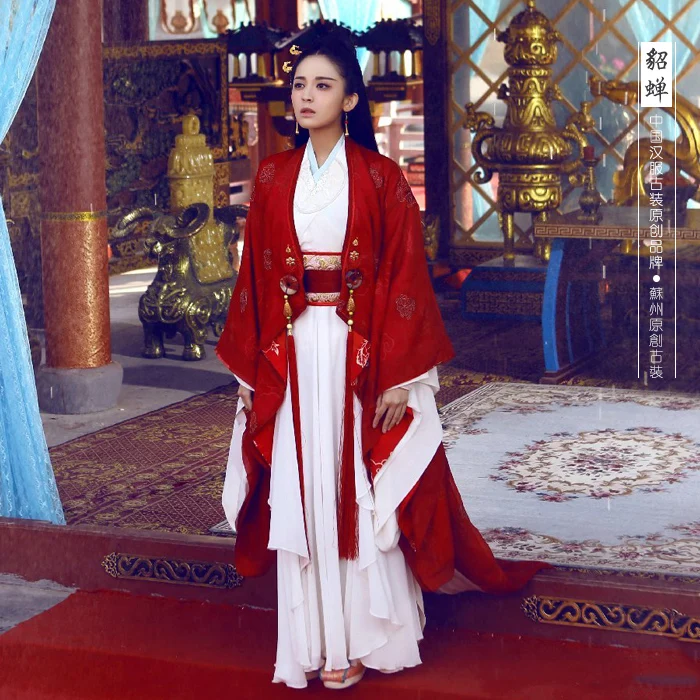 Красный Китай Красота Diao Chan Hanfu костюм ТВ Играть китайский герой-чжао ZiLong из трех царств период Театральный Костюм Hanfu для женщин