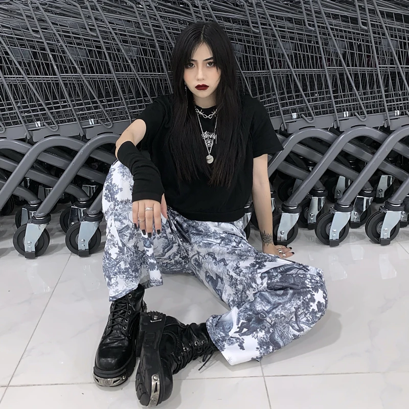 Neploe High Waist Straight Trousers Harajuku BF Style Hip-hop Leisure Pants New Women Men Digital Printed Long Pants 53634