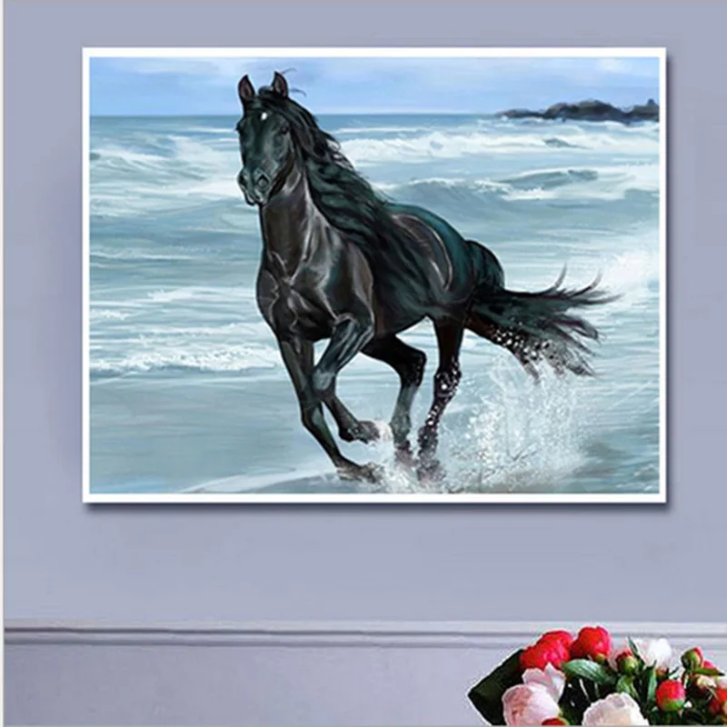 

Embroidery Painting Sea Black Horse Animal Diamond Painting Full Round Diamond Moasic Beaded Embroidery Wall Decor