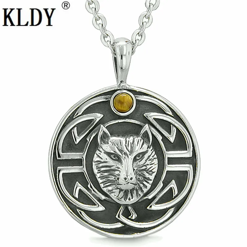 

KLDY Tiger Eye Protection Powers Wolf Pendant Amulet Courage Wisdom Ancient Viking Knot Punk Necklace stainless charm Jewelry