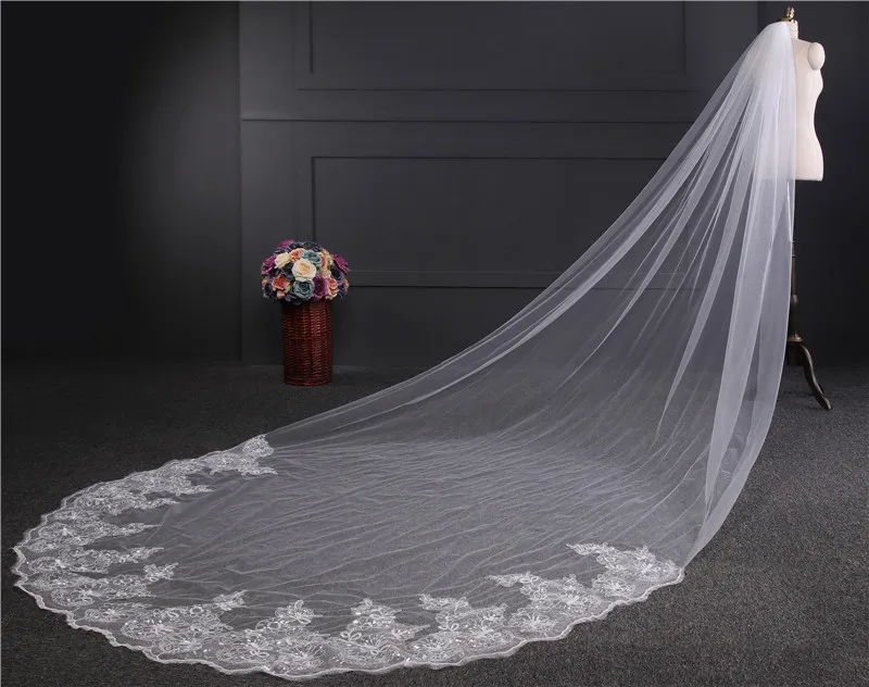 4 Meter Ivory/White Bridal Veils Lace Edge Tulle Bling Seuqins Cathedral Wedding Veil 2017 Long Veu de Noiva Wedding Accessories