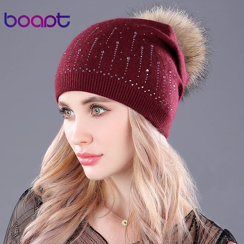 [boapt] rhinestone folds wool knitting thick warm real raccoon fur