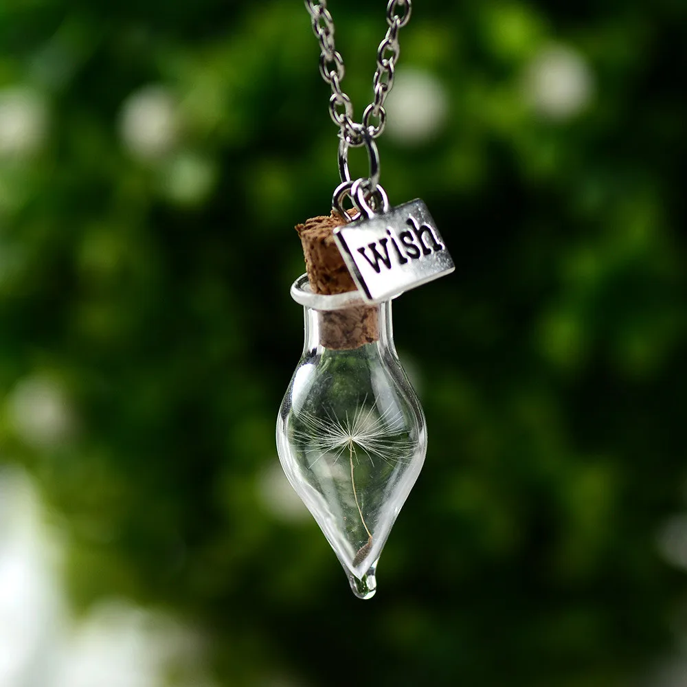 

Handmade Glass Cover Wish Alloy Chain Necklace Hot Sale DIY Creative Dried Dandelion Seed Conical Bottle Pendant Women Necklace