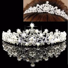 New women Flower Prom Wedding Pageant Veil Crystal Rhinestone Pearl Crown
