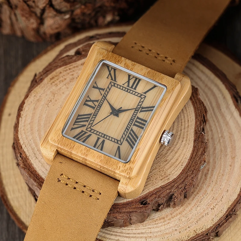 Rectangle Dial Wooden Watches for Men Natural Wood Bamboo Analog Display Genuine Leather Band Quartz Clocks Male Christmas Gifts 2020 2019 (52)
