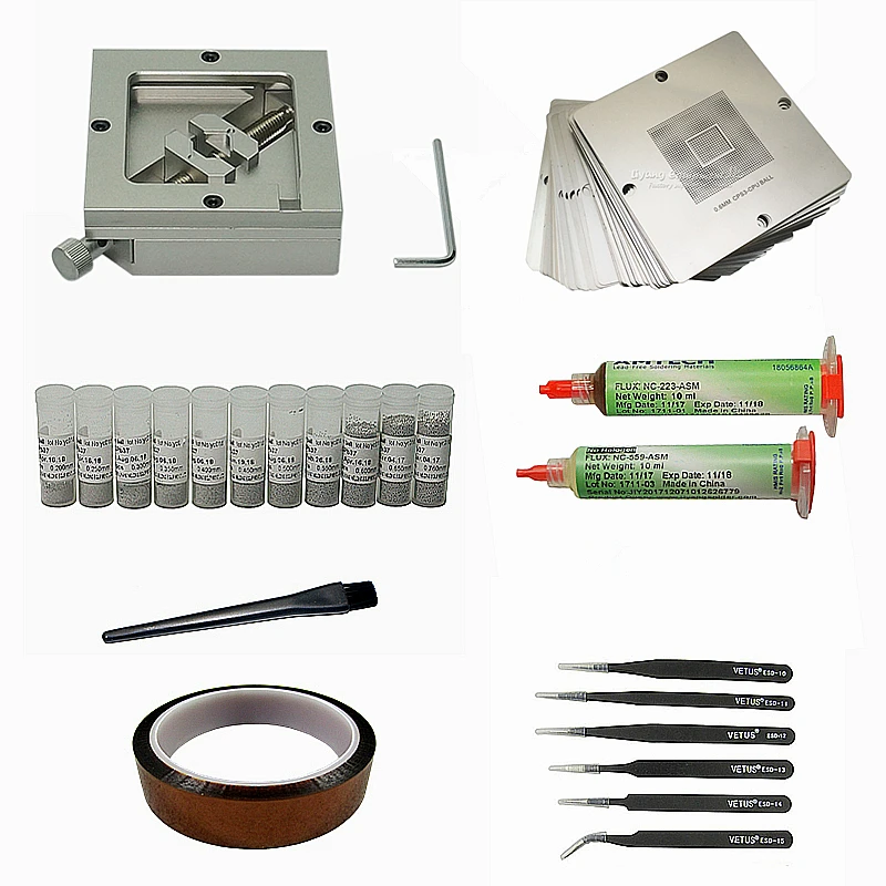 

45pcs/lot 90mm BGA Reballing Jig Kit 11pcs 25K Solder Ball 23pcs 90mm Universal BGA Heating Stencils 223 559 Flux ESD Tweezers