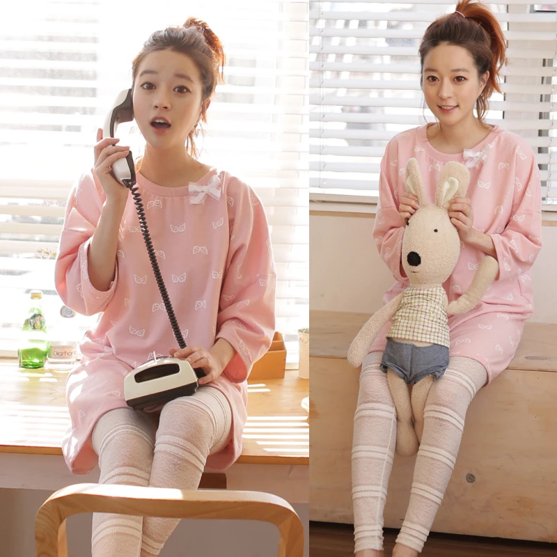 Spring Autumn Women's Korea Style Bowknot Nightgown Pajamas Sets Warm