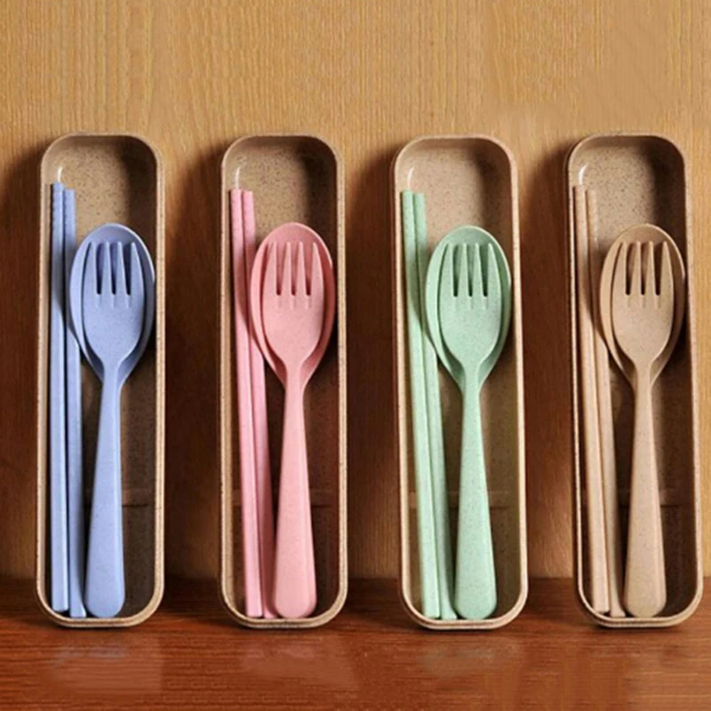 

Portable Wheat Straw Students Camping Picnic Travel Chop sticks Teaspoon Forks Dinnerware Cutlery Tableware Set With a Box 1 Set