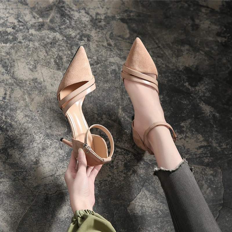 

2019 Spring Summer New Female Shallow Mouth High Heel Women's Shoes Wild Suede Word With Women's Single Shoes Women's Fine With