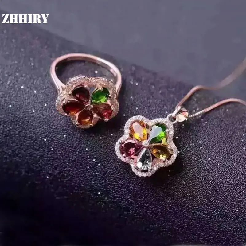 Zhhiry натуральный турмалин Ювелирные изделия с драгоценными камнями комплект Подлинная 925 Твердые стерлингового серебра Для женщин кольцо и Цепочки и ожерелья подвеска Наборы для ухода за кожей изысканные jewel