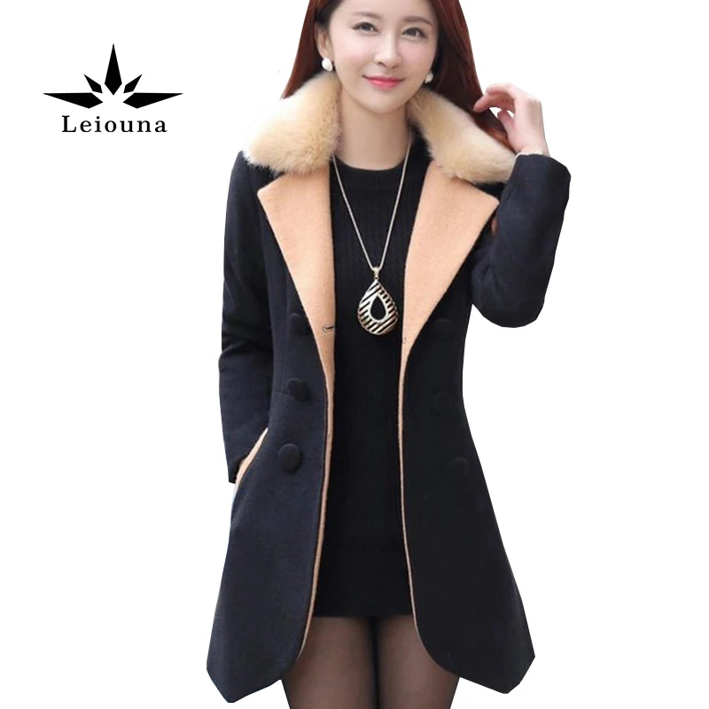 

Leiouna Black Winter Wear Woman Woolen Fur Collar Long Irregular Wool Blends Windbreaker Female Coat