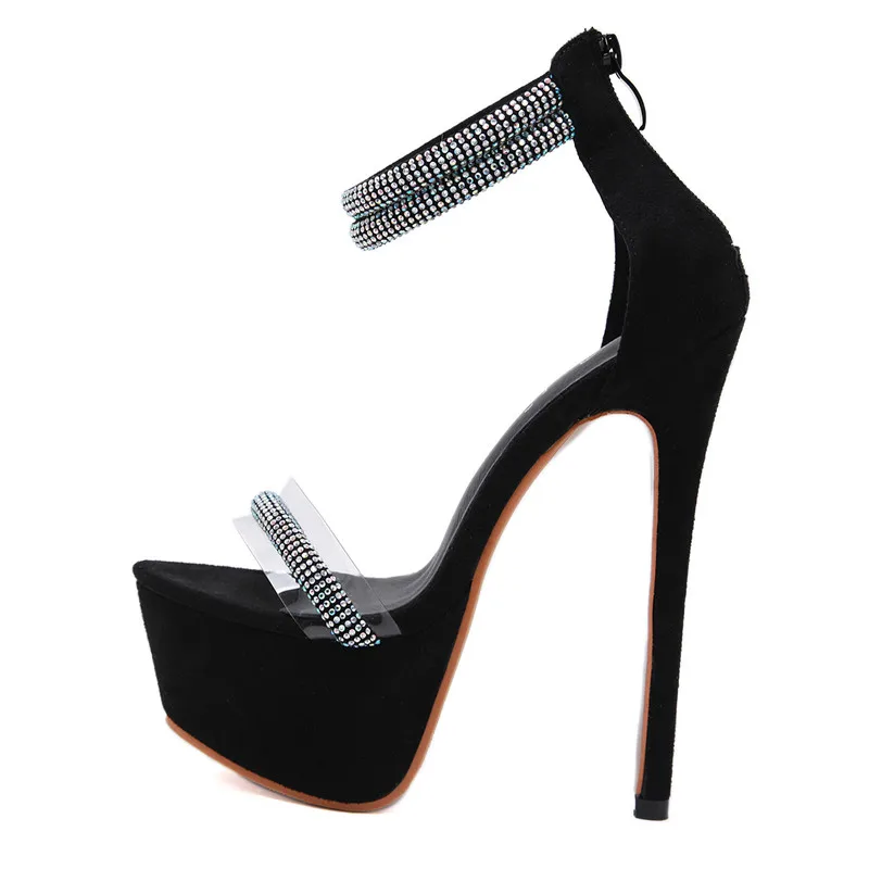 

Suede Open-toed platform Transparent Water Drill Waterproof Slender High-Heeled Sandals Black Super High-heeled Women's Shoes