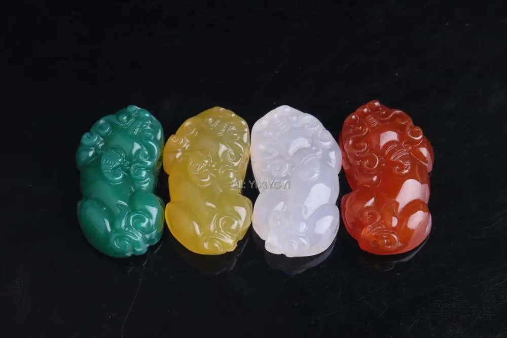 6pcs Handwork Natural White Green Red Agate Jade Carved Chinese Cute PiXiu Lucky Pendant + Rope Necklace Fine Jewelry