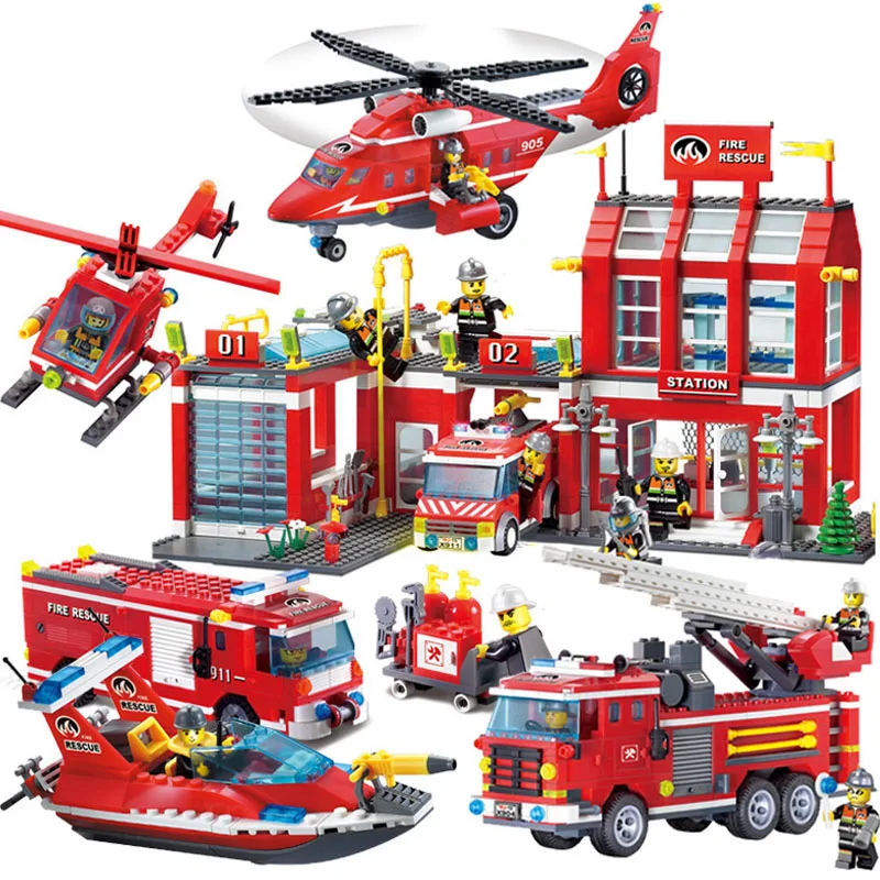 

City Police Fire Station Truck Spray Water Gun Firemen Car Building Blocks Sets Bricks Model Kids Toys Compatible Legoed City