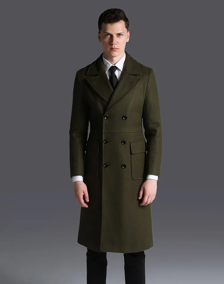 Мужское двубортное длинное шерстяное пальто, модное зимнее, с отложным воротником, для работы, бизнес, толстое, армейское, зеленое, Слим, бушлат, E26