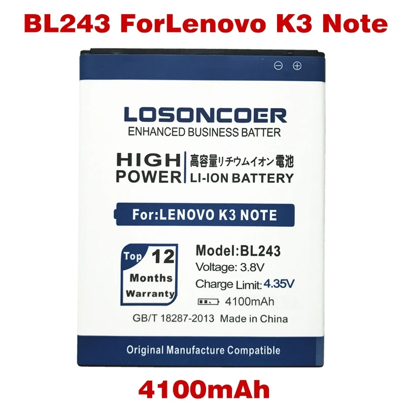 imágenes para LOSONCOER BL243 4100 mAh Teléfono Batería de Uso de la Batería para Lenovo K3 Nota Limón K3 K50-T3S K50-T5 A7000 A7600 A5600 A5500 A5860 imágenes para LOSONCOER BL243 4100 mAh Teléfono Batería de Uso de la Batería para Lenovo K3 Nota Limón K3 K50-T3S K50-T5 A7000 A7600 A5600 A5500 A5860