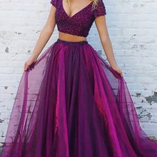 2 предмета фиолетовые сексуальные платья с v-образным вырезом для выпускного вечера Новые Длинные вечерние платья в пол с коротким рукавом vestidos de gala