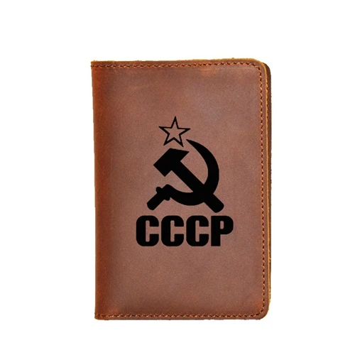 Выгравированный кошелек СССР, Обложка для паспорта, винтажный кожаный чехол для кредитных карт, с гравировкой, имя CCCP, кошелек для паспорта - Цвет: light brown 1