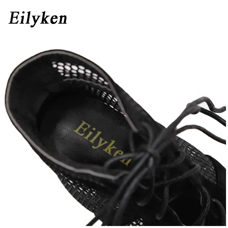 Women Sandals Women High Heels Lace Up Cross-tied Peep Toe Ankle Strap Net Surface Hollow Out Shoes