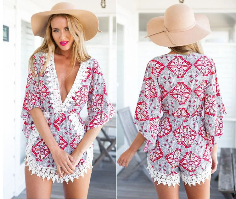 

Sexy Stitching Lace Jumpsuits Playsuit Irregular Crochet Sexy Elegant V-neck Rompers Womens Rompers
