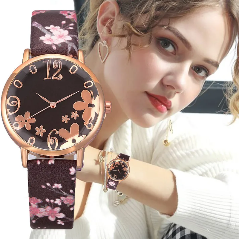 

Luxury Watch Women Girls New Fashion Embossed Flowers Casual Female Printed Quartz Watch Wristwatch Student reloj mujer