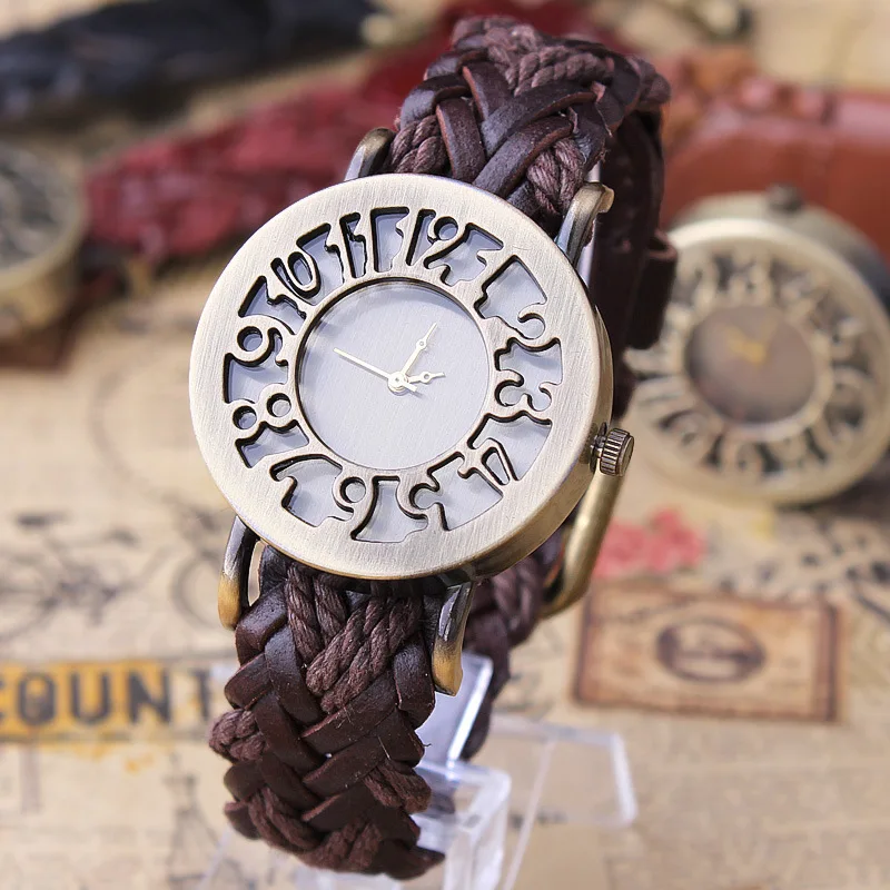 New Roma Style vintage Digital hollow out Genuine Cow Leather strap watches women dress watches 4