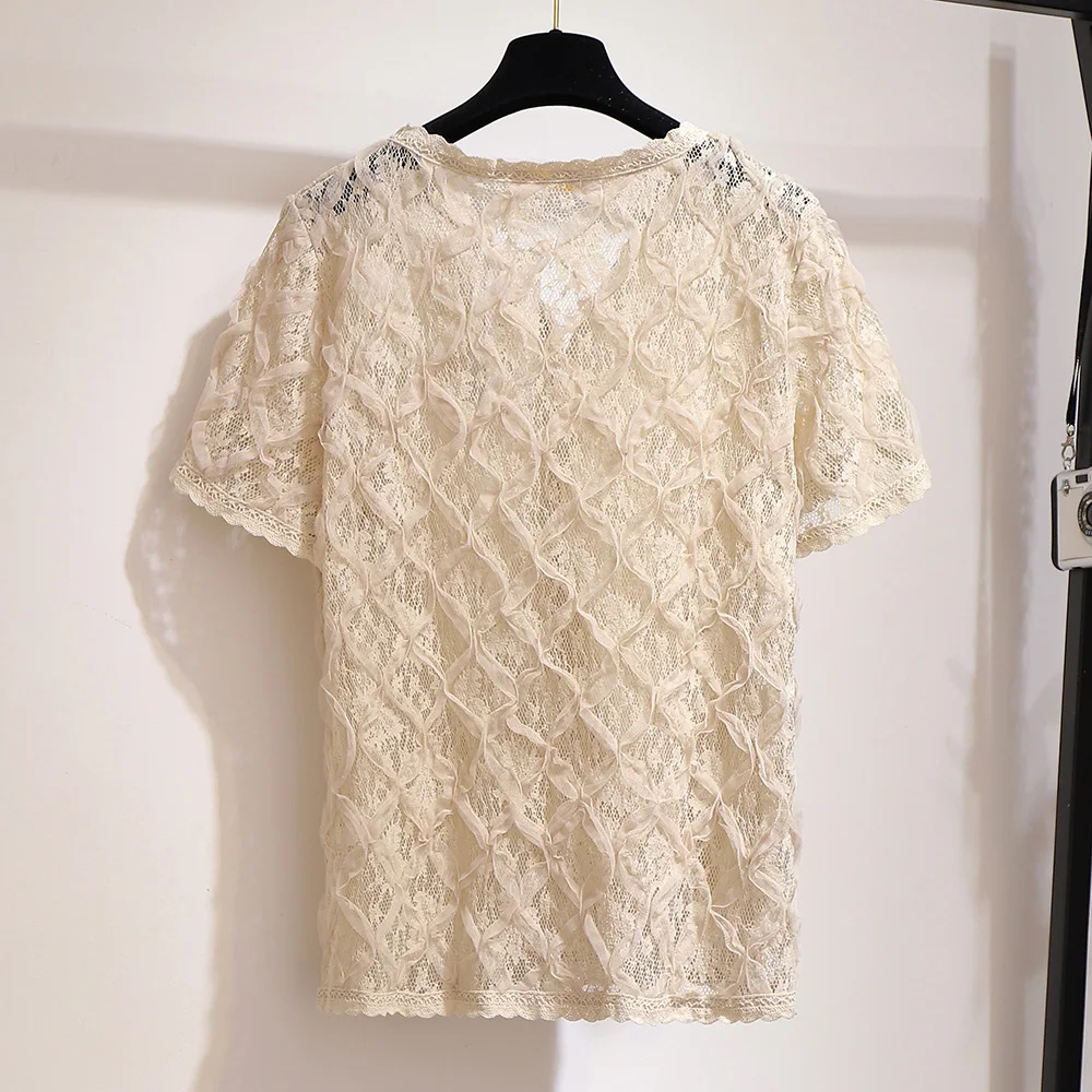 

Women Chiffon Lace Blouse Shirt Short Sleeve V Neck Howw Lace Mesh Womens Tops Plus Size Women Clthing 3xl 6xl Women Clothing